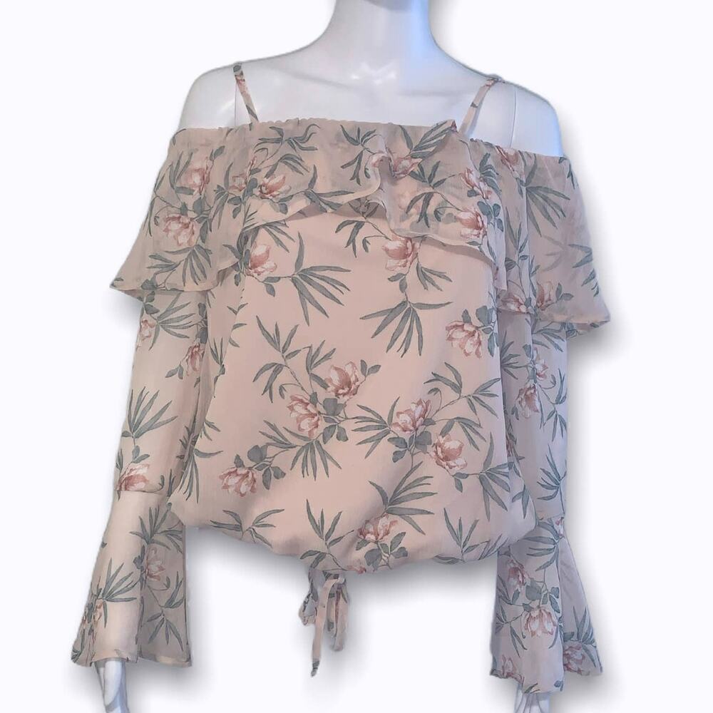 By & By Women's Size Medium Blouse Pale Pink Floral Off the Shoulder Strappy Top